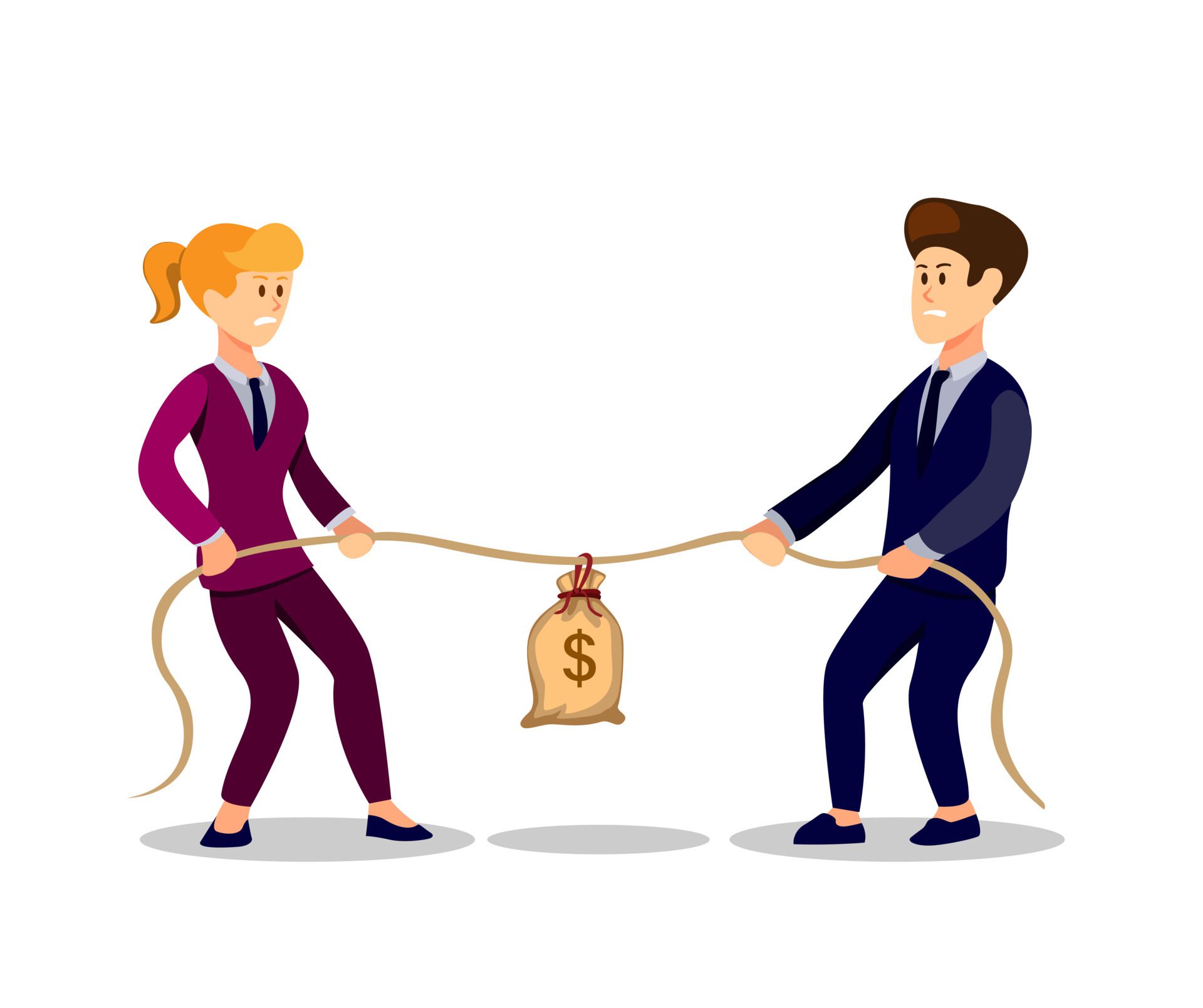business man and woman pulling rope or tug of war to get money in bag business competition concept in cartoon illustration vector business man and woman pulling rope or tug of war to get money in bag business competition concept in cartoon illustration vector